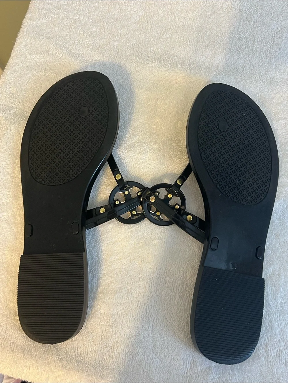 Tory Burch Black Jelly Logo Sandals Gold Hardware Size 10